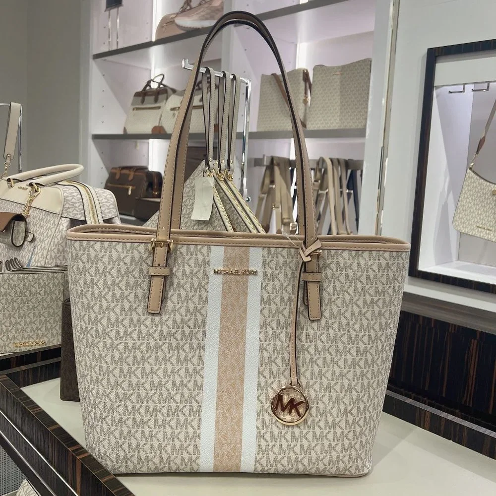 Michael Kors Jet Set Travel Medium Signature Striped Carryall Tote Handbag Buff